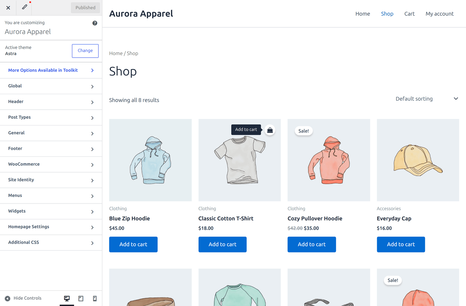Der WordPress-Customizer für Astra, mit dem Einstellungsfeld links und einer Live-Vorschau des Shops rechts.