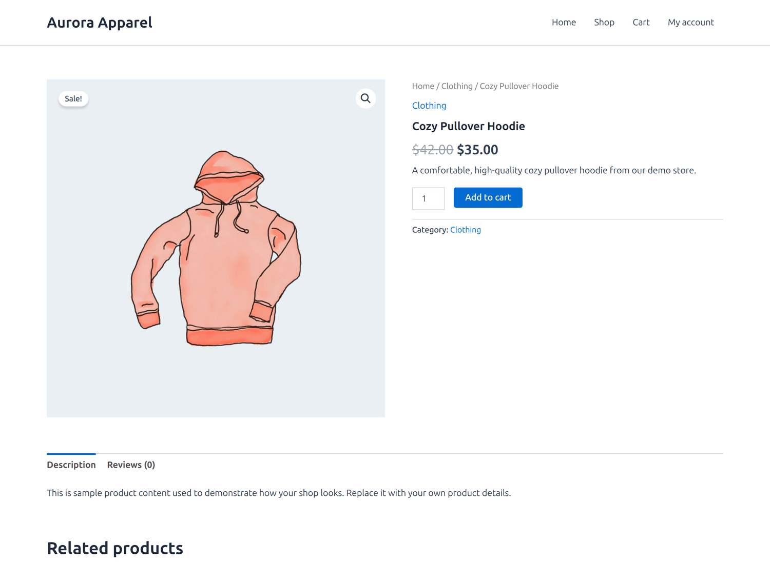Eine einzelne Produktseite mit dem Astra-Theme: Produktbild, Preis, In-den-Warenkorb-Schaltfläche und Beschreibungs-Tabs.