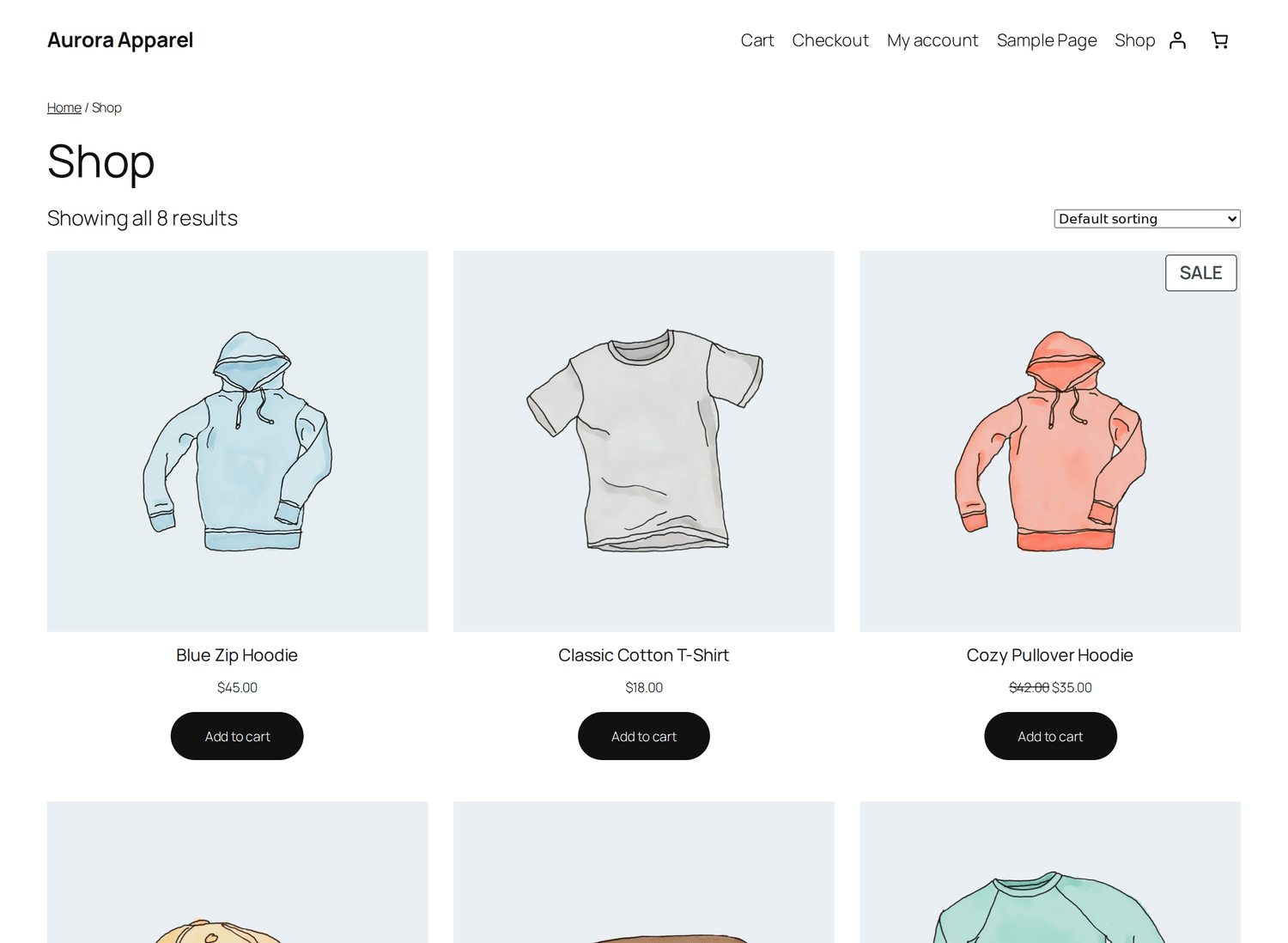 Die Shop-Seite mit dem Twenty Twenty-Five-Theme: ein minimalistisches Produktraster mit Bildern, Preisen und In-den-Warenkorb-Schaltflächen.